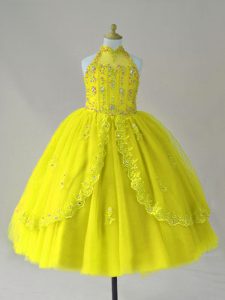 Dramatic Sleeveless Beading and Appliques Lace Up Kids Pageant Dress