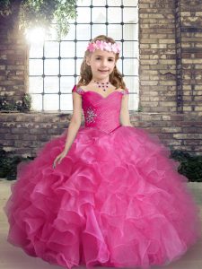Hot Pink Organza Lace Up Straps Sleeveless Floor Length Little Girls Pageant Dress Beading and Ruffles