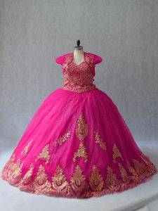 Hot Pink Tulle Lace Up 15 Quinceanera Dress Sleeveless Court Train Appliques