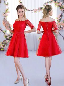 Suitable Red Off The Shoulder Neckline Lace Quinceanera Court of Honor Dress Half Sleeves Lace Up