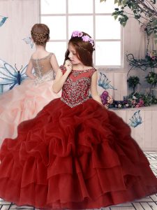 Red Ball Gowns Chiffon Off The Shoulder Sleeveless Beading and Pick Ups Floor Length Lace Up Kids Formal Wear