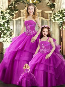 Floor Length Lace Up Sweet 16 Dresses Fuchsia for Sweet 16 and Quinceanera with Beading
