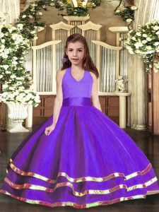 Purple Halter Top Lace Up Ruffled Layers Glitz Pageant Dress Sleeveless
