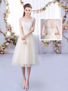 Fashion Champagne Tulle Lace Up Quinceanera Court of Honor Dress Sleeveless Tea Length Lace