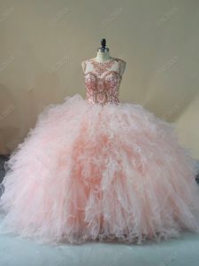 Pink Scoop Lace Up Beading and Ruffles Quinceanera Gown Brush Train Sleeveless