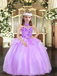 Most Popular Lavender Sleeveless Floor Length Appliques Lace Up Little Girl Pageant Dress