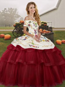 Wine Red Ball Gowns Embroidery and Ruffled Layers Quince Ball Gowns Lace Up Tulle Sleeveless
