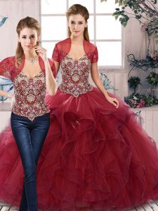 Beautiful Burgundy Off The Shoulder Neckline Beading and Ruffles Vestidos de Quinceanera Sleeveless Lace Up