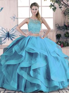 Vintage Floor Length Lace Up 15 Quinceanera Dress Blue for Sweet 16 and Quinceanera with Beading and Ruffles