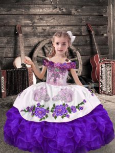 Purple Pageant Dress Womens Wedding Party with Beading and Embroidery and Ruffles Off The Shoulder Sleeveless Lace Up