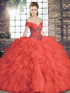 Coral Red Sleeveless Beading and Ruffles Floor Length 15 Quinceanera Dress