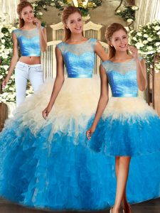 Organza Scoop Sleeveless Backless Lace and Ruffles Quinceanera Gowns in Multi-color