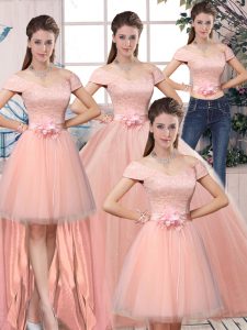 Designer Tulle Short Sleeves Floor Length Sweet 16 Dresses and Lace and Hand Made Flower