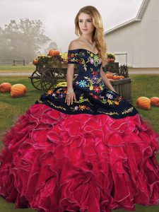 Floor Length Red And Black Sweet 16 Dresses Off The Shoulder Sleeveless Lace Up