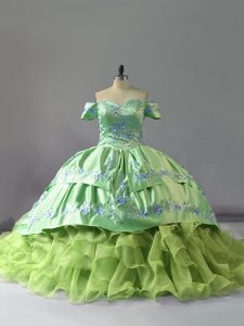 Organza Off The Shoulder Sleeveless Chapel Train Lace Up Embroidery and Ruffles Sweet 16 Dress in Yellow Green