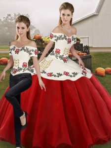 White And Red Sleeveless Organza Lace Up Quinceanera Dresses for Military Ball and Sweet 16 and Quinceanera