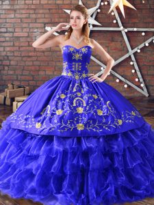Beauteous Sleeveless Floor Length Embroidery and Ruffled Layers Lace Up Quince Ball Gowns with Royal Blue