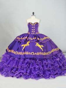Low Price Purple Sweetheart Neckline Embroidery and Ruffled Layers Quinceanera Dress Sleeveless Lace Up