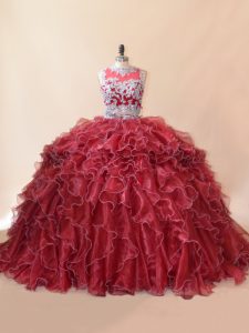 Low Price Red Ball Gown Prom Dress Sweet 16 and Quinceanera with Beading and Lace and Appliques Scoop Sleeveless Brush Train Zipper