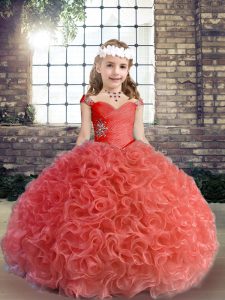 Red Lace Up Straps Beading and Ruching Glitz Pageant Dress Fabric With Rolling Flowers Sleeveless
