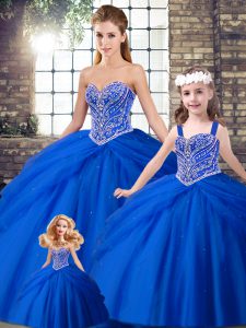 Modest Royal Blue Sleeveless Beading and Pick Ups Lace Up Quinceanera Dresses