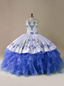 Cute Sleeveless Embroidery and Ruffles Lace Up 15 Quinceanera Dress with Blue And White Brush Train