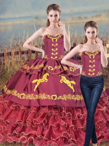 Customized Burgundy Sleeveless Satin and Organza Brush Train Lace Up Quinceanera Dress for Sweet 16 and Quinceanera