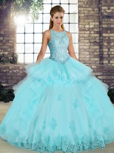 Aqua Blue Sleeveless Floor Length Lace and Embroidery and Ruffles Lace Up Quince Ball Gowns