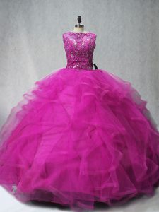 Lace Up Quinceanera Dresses Fuchsia for Sweet 16 and Quinceanera with Beading and Ruffles Brush Train