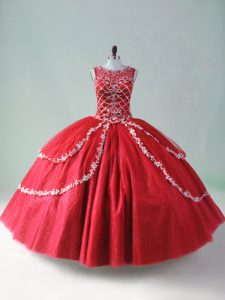 Red Ball Gowns Tulle Scoop Sleeveless Beading and Appliques Floor Length Zipper Quinceanera Dresses