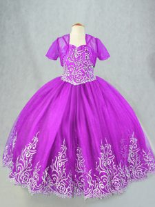 Purple Lace Up Spaghetti Straps Beading and Embroidery Little Girl Pageant Dress Tulle Sleeveless