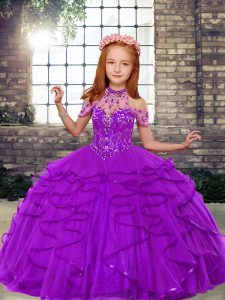 Purple Lace Up Pageant Dress for Womens Beading and Ruffles Sleeveless Floor Length