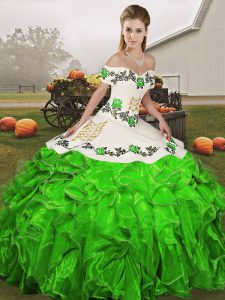 Sexy Green Organza Lace Up Off The Shoulder Sleeveless Floor Length Vestidos de Quinceanera Embroidery and Ruffles