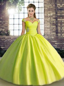 Fashion Sleeveless Tulle Floor Length Lace Up Sweet 16 Dresses in Yellow Green with Beading