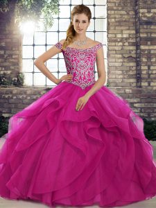 Fuchsia Quince Ball Gowns Off The Shoulder Sleeveless Brush Train Lace Up