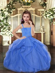 Beauteous Blue Sleeveless Floor Length Beading Lace Up Child Pageant Dress