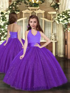 Custom Designed Purple Halter Top Neckline Ruching Glitz Pageant Dress Sleeveless Lace Up