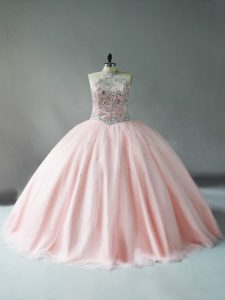 Pink Sleeveless Beading Floor Length Sweet 16 Quinceanera Dress