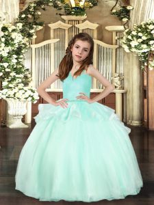 Modern Beading Little Girl Pageant Gowns Aqua Blue Lace Up Sleeveless Floor Length