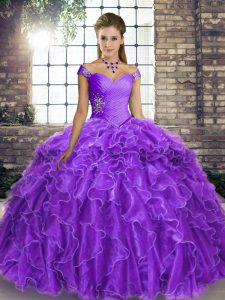 Sleeveless Organza Brush Train Lace Up Quince Ball Gowns in Lavender with Beading and Ruffles