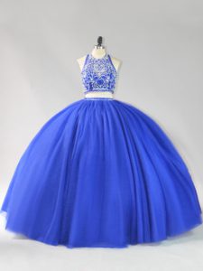 High Class Royal Blue Backless 15th Birthday Dress Beading Sleeveless Floor Length