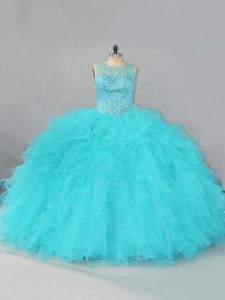 Graceful Floor Length Aqua Blue Quinceanera Gowns Tulle Sleeveless Beading and Ruffles