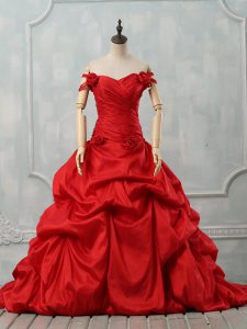 Cheap Ball Gowns Sleeveless Red Quince Ball Gowns Court Train Lace Up