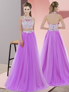 Enchanting Halter Top Sleeveless Zipper Lace Quinceanera Dama Dress in Lavender