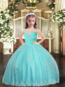 Aqua Blue Ball Gowns Tulle Straps Sleeveless Appliques Floor Length Lace Up Kids Formal Wear