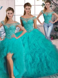 Dazzling Three Pieces Sleeveless Aqua Blue Ball Gown Prom Dress Brush Train Lace Up