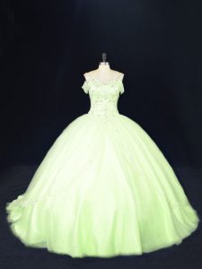 Yellow Green Off The Shoulder Neckline Beading Quinceanera Gown Sleeveless Lace Up