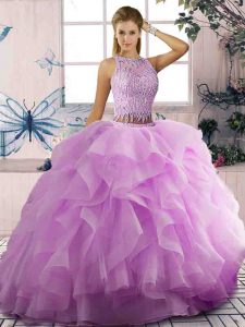 Low Price Tulle Scoop Sleeveless Lace Up Beading and Ruffles Ball Gown Prom Dress in Lilac
