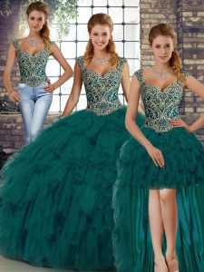 Peacock Green Straps Lace Up Beading and Ruffles Ball Gown Prom Dress Sleeveless