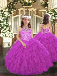New Style Fuchsia Ball Gowns Beading and Ruffles Little Girls Pageant Gowns Lace Up Tulle Sleeveless Floor Length